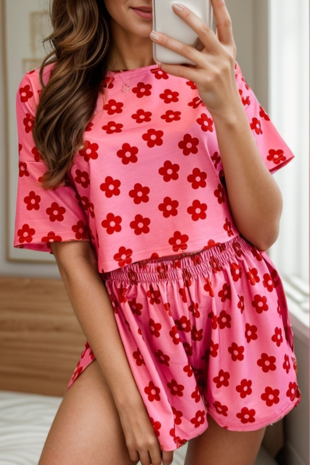 Explore More Collection - Flower Round Neck Top and Shorts Lounge Set