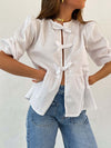 Explore More Collection - Tied Round Neck Balloon Sleeve Shirt