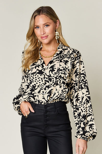 Explore More Collection - Double Take Full Size Printed Ruffle Trim Balloon Sleeve Shirt