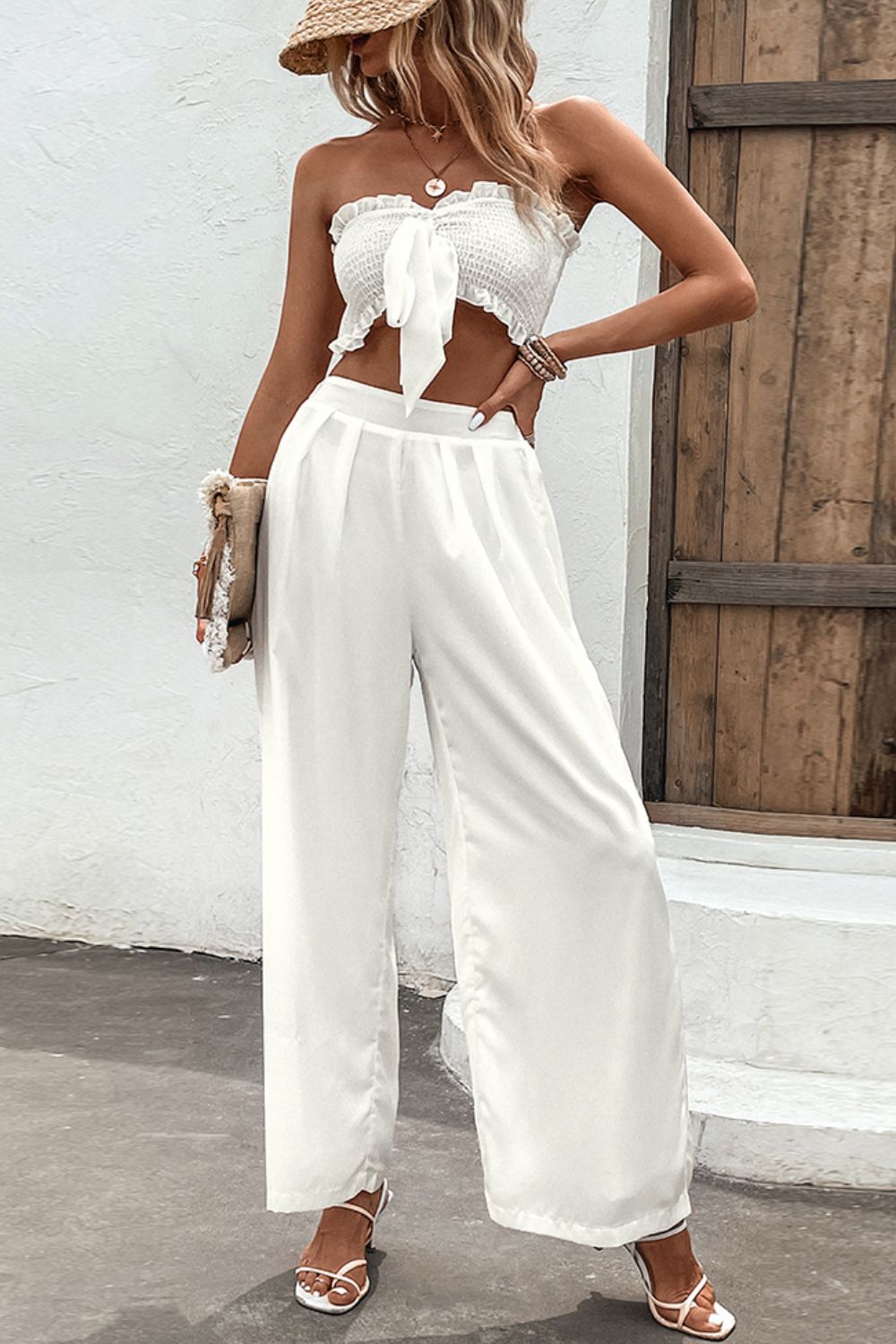 Explore More Collection - Smocked Tube Top and Wide Leg Pants Set