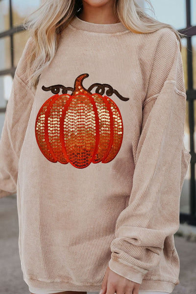 Explore More Collection - Sequin Pumpkin Round Neck Long Sleeve Sweatshirt