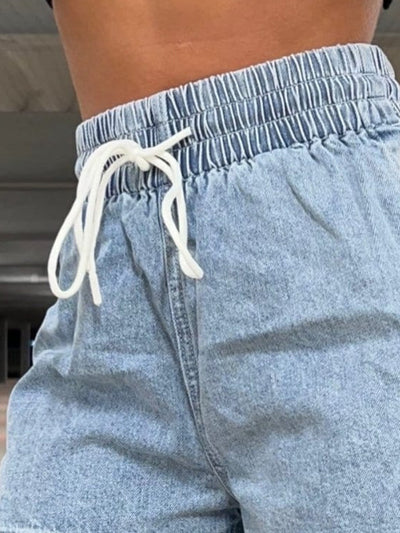 Explore More Collection - Drawstring High Waist Denim Shorts