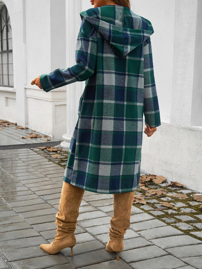 Explore More Collection - Plaid Long Sleeve Hooded Coat