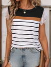 Explore More Collection - Lace Detail Striped Round Neck Cap Sleeve T-Shirt