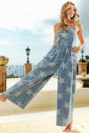 Explore More Collection - BiBi Star Pattern Wide Leg Washed Denim Overalls