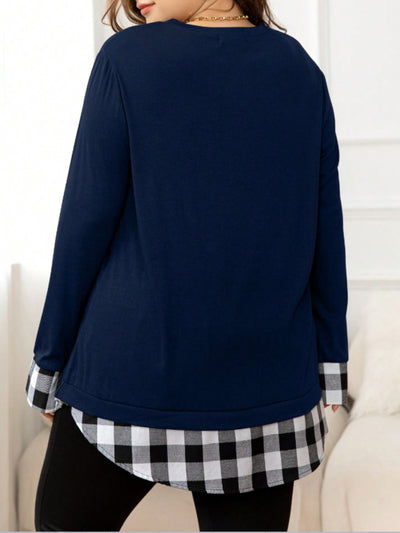 Explore More Collection - Plus Size Plaid Hem Round Neck Long Sleeve Sweatshirt