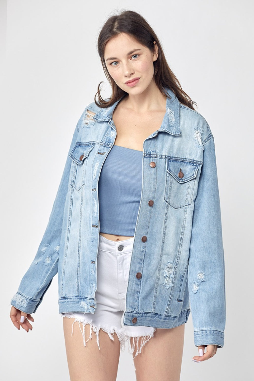 Explore More Collection - RISEN Full Size Distressed Long Sleeve Denim Jacket