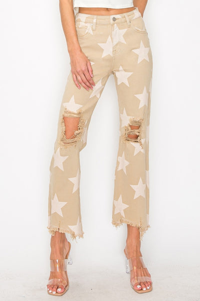 Explore More Collection - RISEN Full Size High Rise Star Printed Frayed Hem Jeans