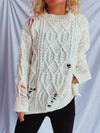 Explore More Collection - Distressed Cable-Knit Round Neck Long Sleeve Sweater