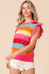 Explore More Collection - BiBi Pointelle Striped Ruffled Knit Top