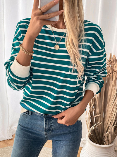 Explore More Collection - Perfee Striped Contrast Round Neck Long Sleeve Sweatshirt