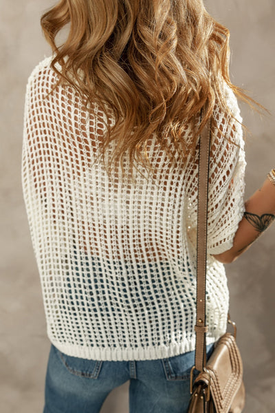 Explore More Collection - Openwork Round Neck Half Sleeve Knit Cover Up