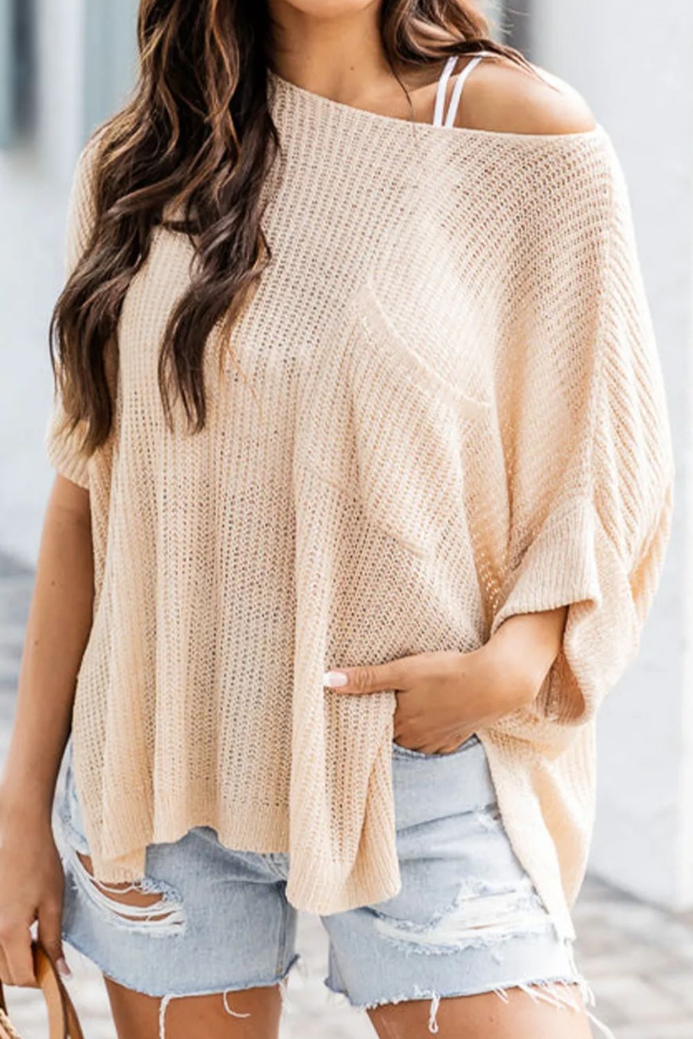 Explore More Collection - Slit Boat Neck Half Sleeve Knit Top