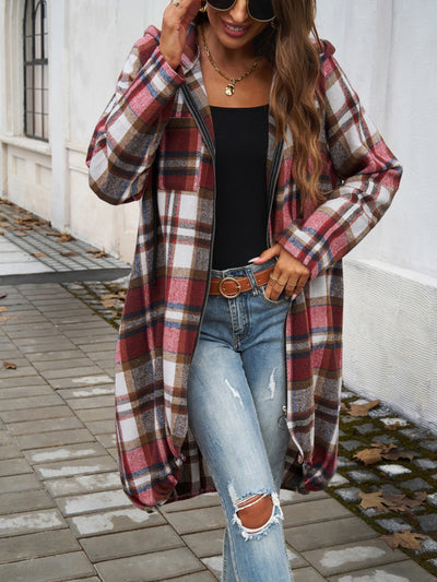 Explore More Collection - Plaid Zip Up Hooded Coat