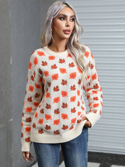 Explore More Collection - Angel Wings Maple Leaf Round Neck Long Sleeve Sweater