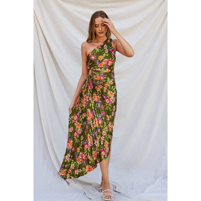 Garden Party Asymmetrical Pleated Maxi Dress: WILLOW GARDEN