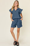 Explore More Collection - Double Take Full Size Texture Flounce Sleeve Top and Drawstring Shorts Set