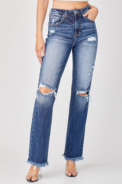 Explore More Collection - Risen Full Size Raw Hem Distressed Straight Jeans