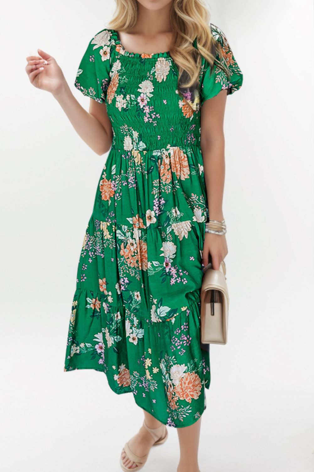 Explore More Collection - Smocked Printed Puff Sleeve Midi Dress