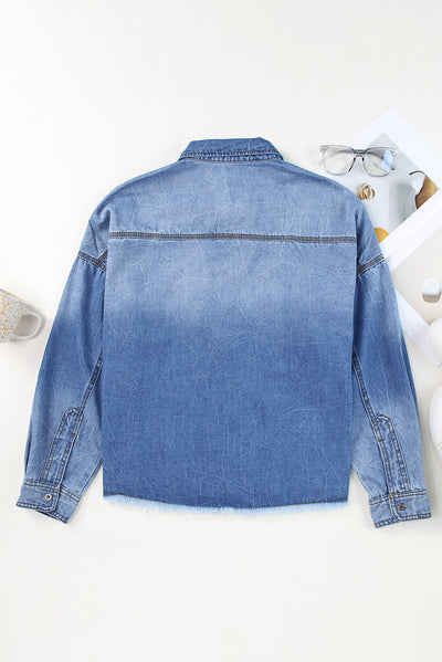 Explore More Collection - Raw Hem Sequin Football Long Sleeve Denim Jacket