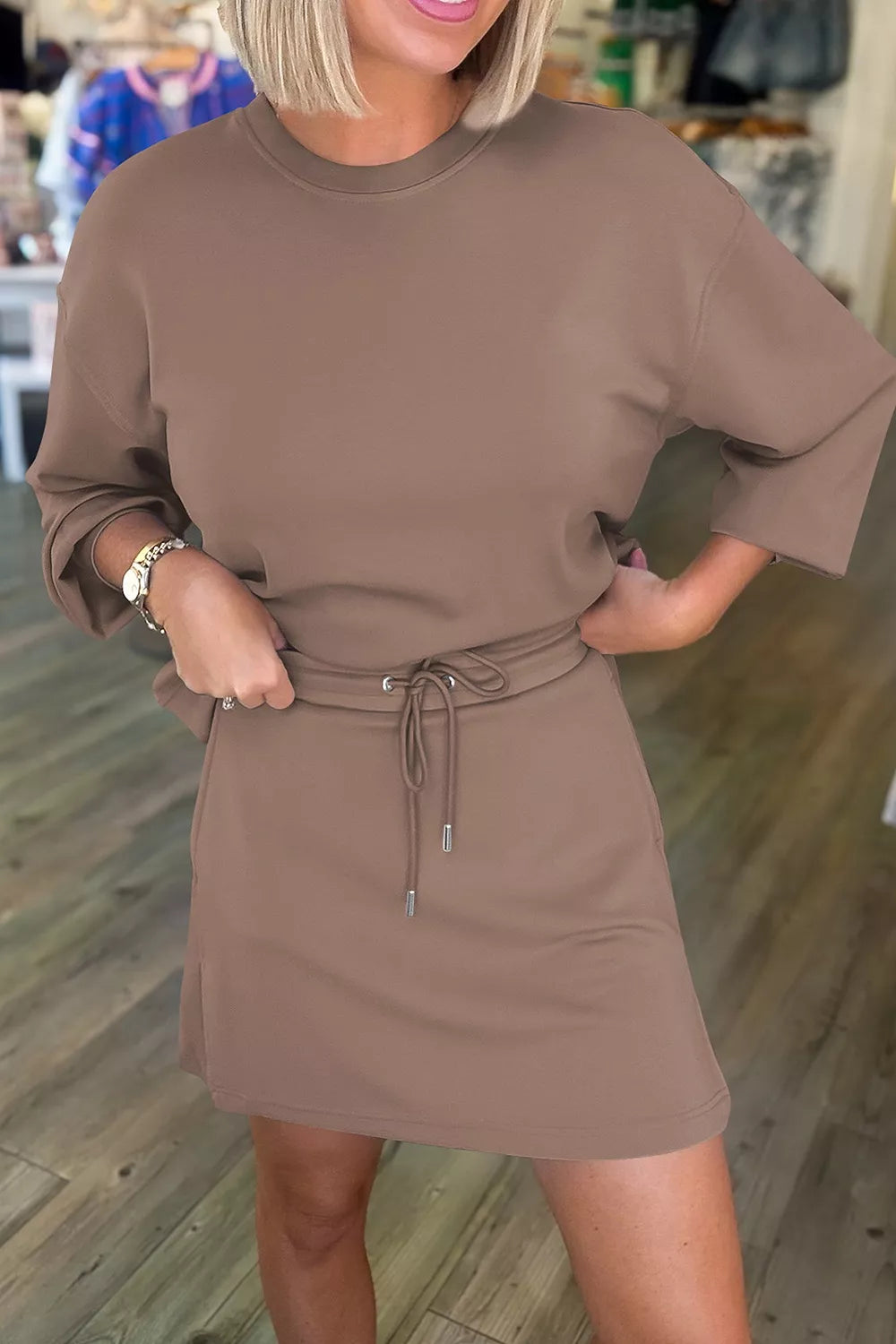 Solid Color Drop Shoulder Pullover Drawstring Mini Skirt 2pcs Outfit