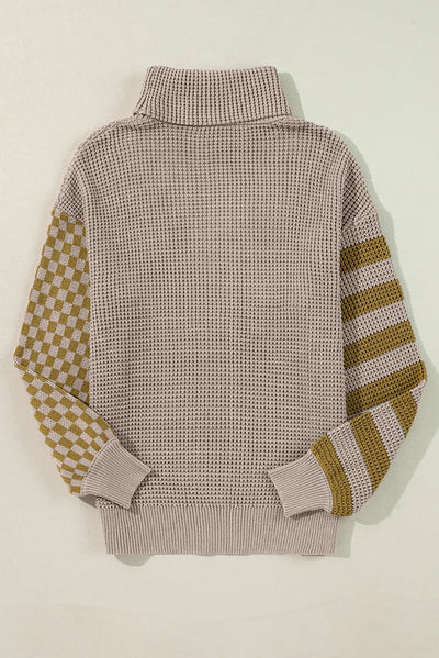 Explore More Collection - Checkered Striped Turtleneck Long Sleeve Sweater