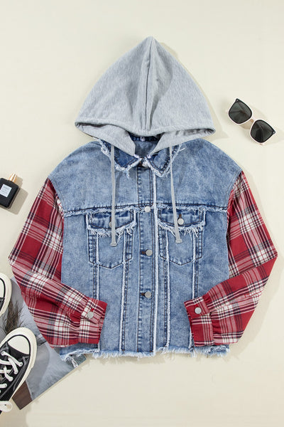 Explore More Collection - Raw Hem Drawstring Plaid Denim Jacket