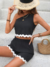 Explore More Collection - Contrast Trim Single Shoulder Top and Shorts Set