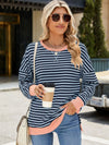 Explore More Collection - Slit Striped Round Neck Long Sleeve Sweatshirt