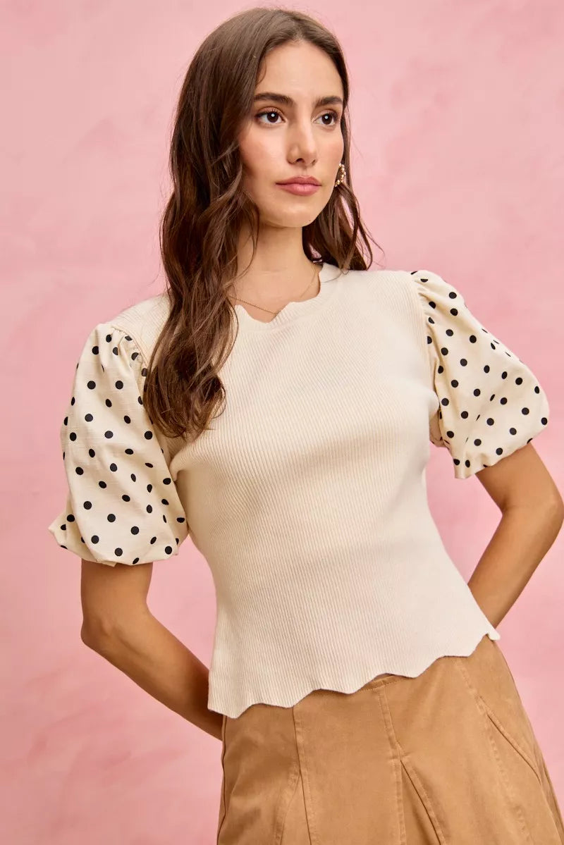 SO ME Polka Dot Contrast Woven Ballon Sleeve Blouse