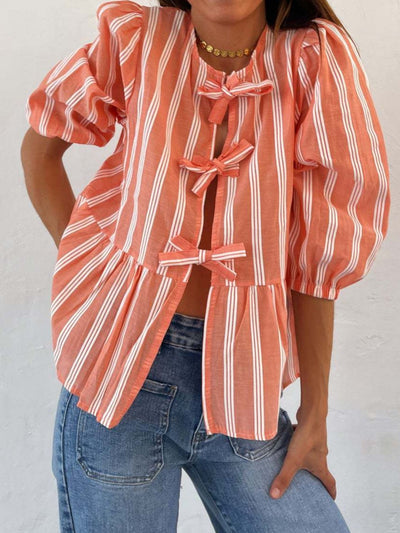 Explore More Collection - Tied Round Neck Balloon Sleeve Shirt