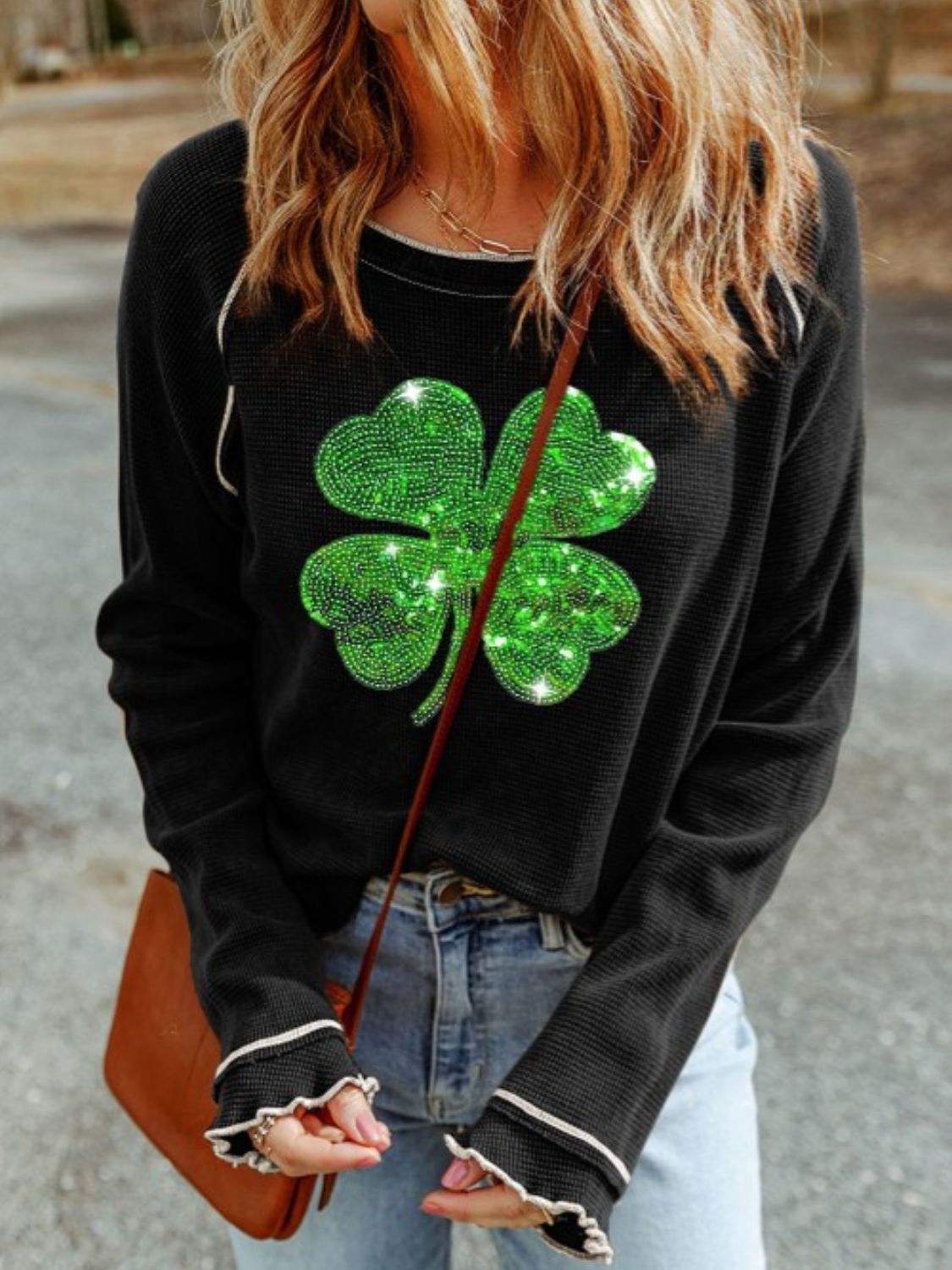 Explore More Collection - Sequin Lucky Clover Lettuce Trim Long Sleeve Top