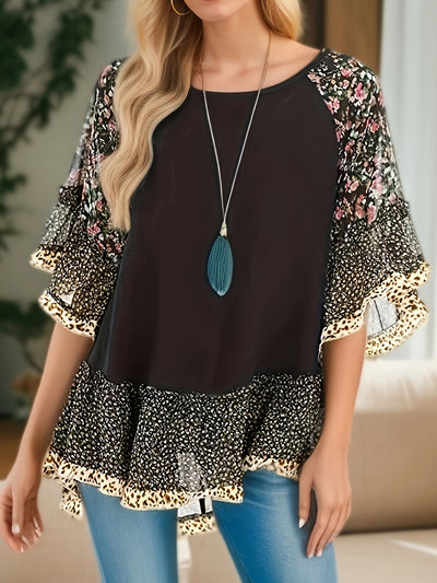 Explore More Collection - Full Size Frill Printed Round Neck Half Sleeve Blouse