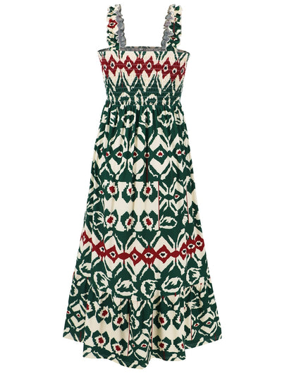 Explore More Collection - Smocked Printed Square Neck Sleeveless Dress