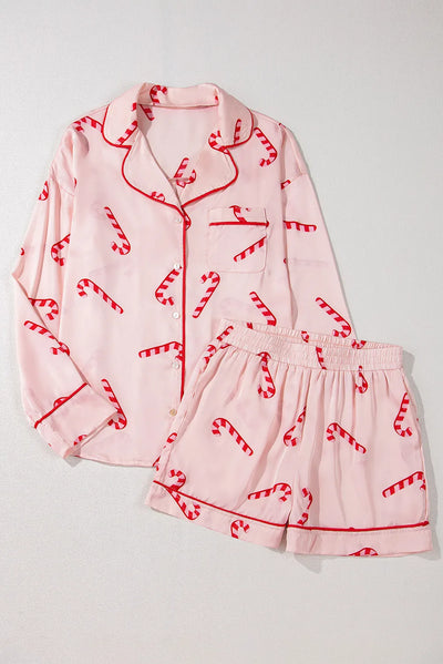 Explore More Collection - Candy Cane Collared Neck Long Sleeve Top and Shorts Lounge Set