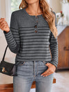 Explore More Collection - Quarter Button Striped Round Neck Long Sleeve T-Shirt