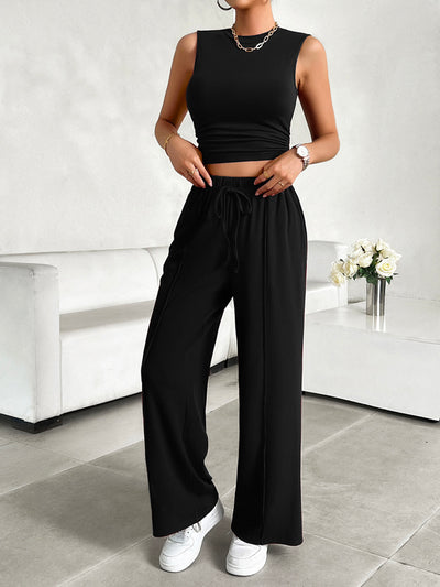 Explore More Collection - Mock Neck Sleeveless Top and Drawstring Pants Set