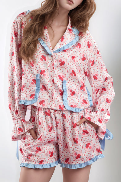 Explore More Collection - Valentine’s Day Frill Strawberry Print Flounce Sleeve Top and Shorts Lounge Set