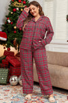 Explore More Collection - Plus Size Plaid Collared Neck Top and Pants Lounge Set