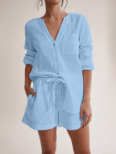 Explore More Collection - Notched Long Sleeve Top and Shorts Set