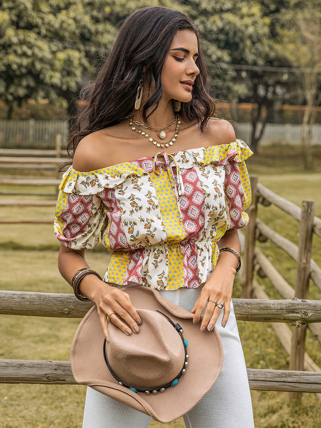 Explore More Collection - Ruffled Printed Off-Shoulder Short Sleeve Blouse