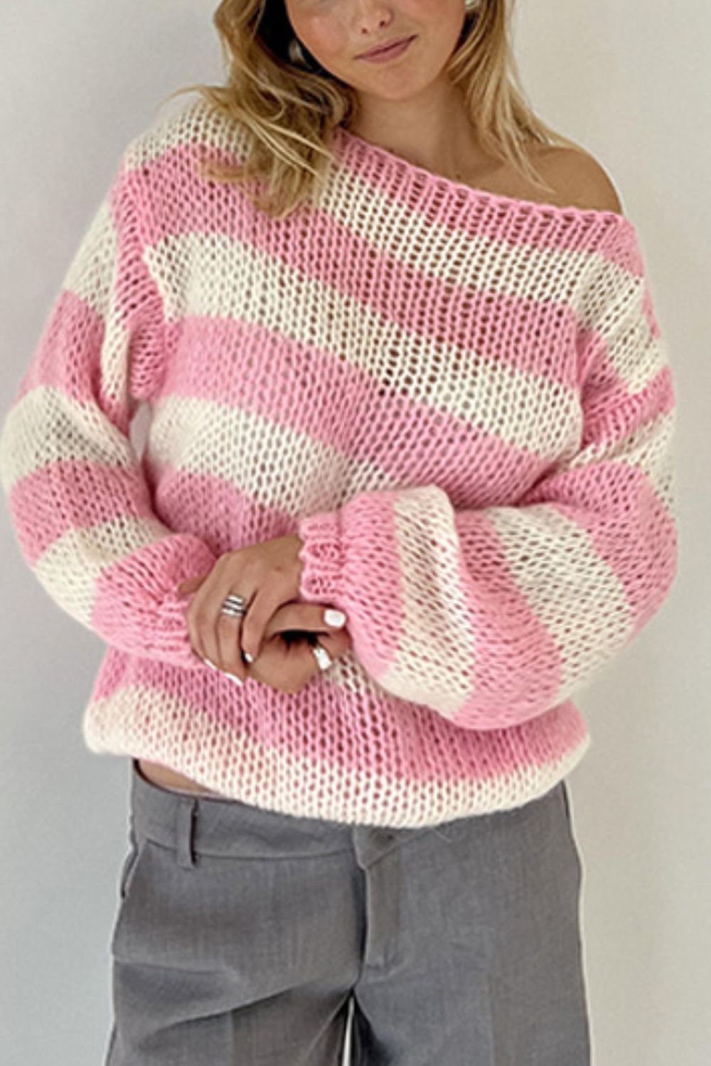 Explore More Collection - Contrast Striped Boat Neck Long Sleeve Sweater
