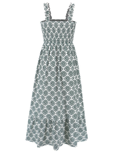 Explore More Collection - Smocked Printed Square Neck Sleeveless Dress