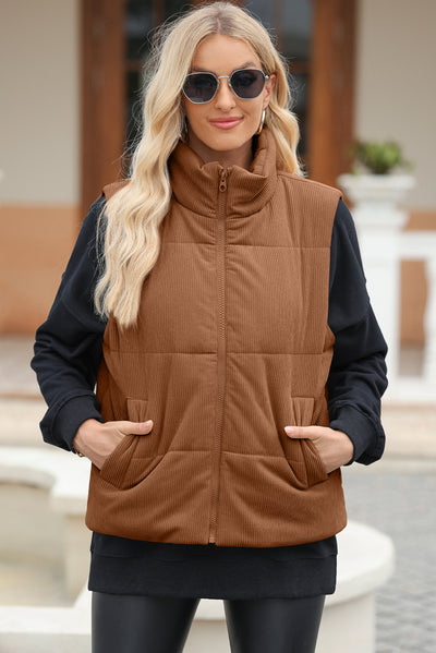 Explore More Collection - Pocketed Zip Up Turtleneck Vest Coat