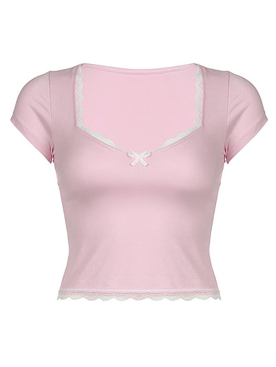 Explore More Collection - Lace Detail Sweetheart Neck Short Sleeve T-Shirt