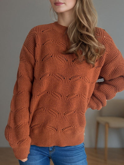 Explore More Collection - Openwork Round Neck Dropped Shoulder Sweater