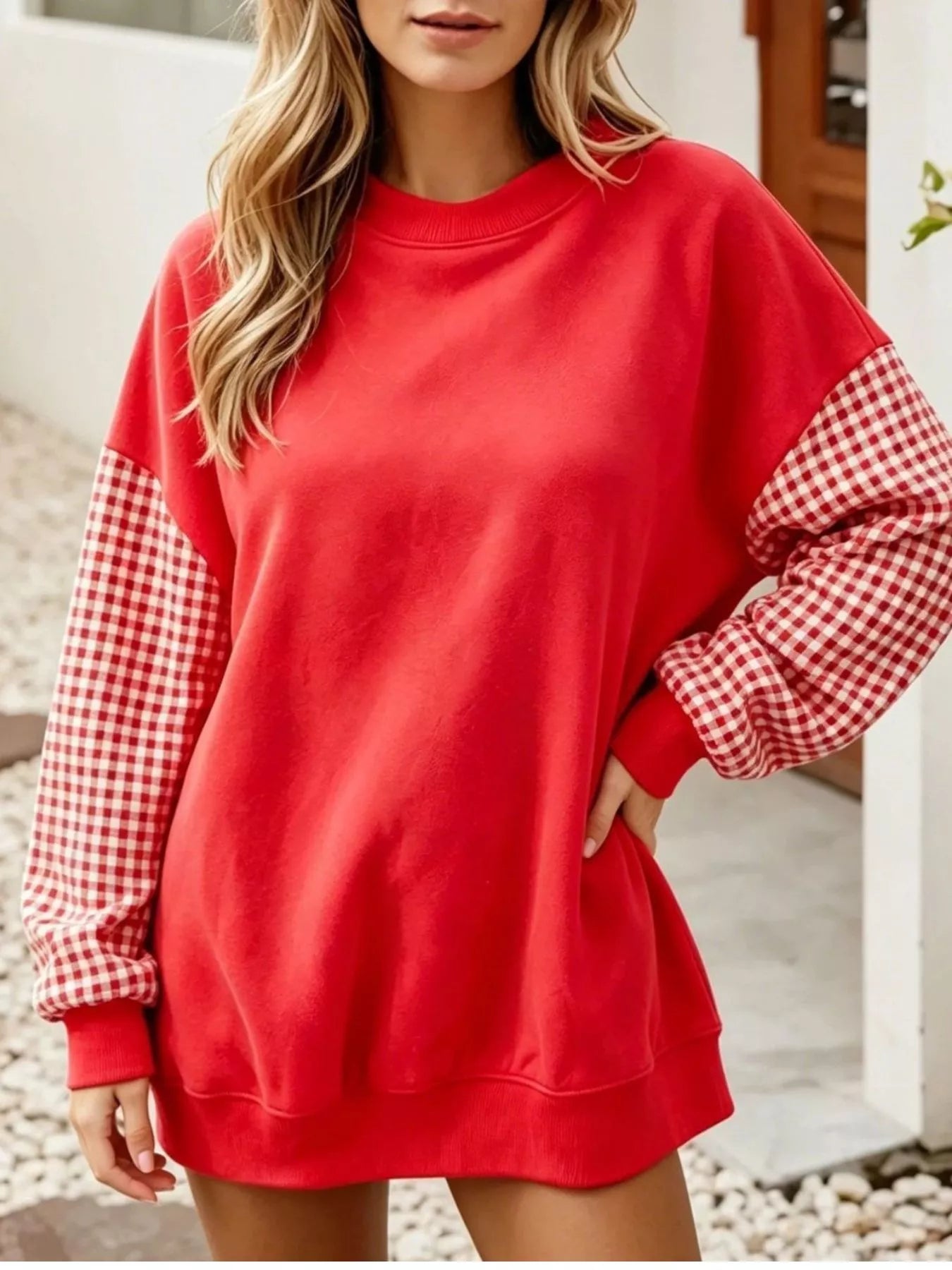 Contrast Gingham Long Sleeve Sweatshirt