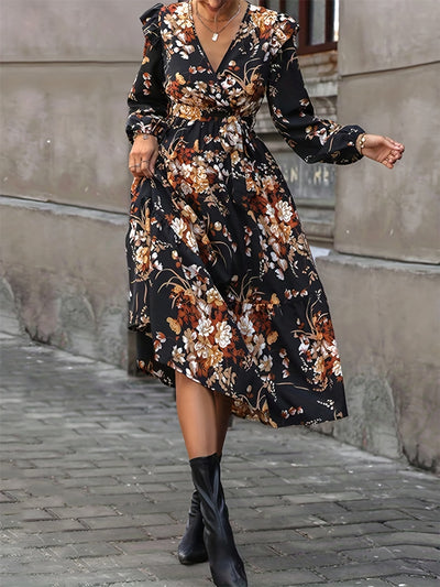 Explore More Collection - Ruffled Printed Surplice Long Sleeve Midi Dress