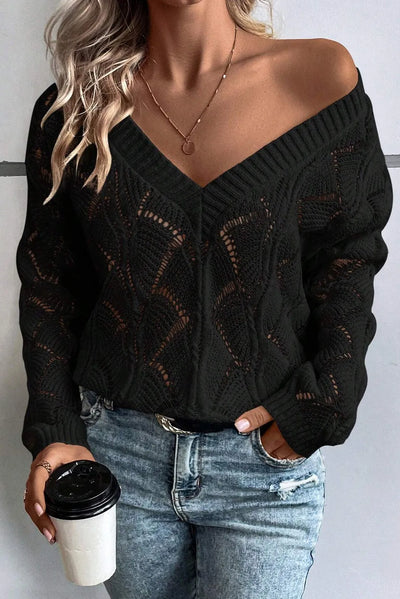 Explore More Collection - Openwork V-Neck Long Sleeve Sweater