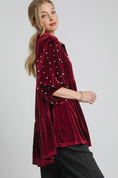 Explore More Collection - Umgee Pearl Detail Collared Neck Velvet Babydoll Blouse